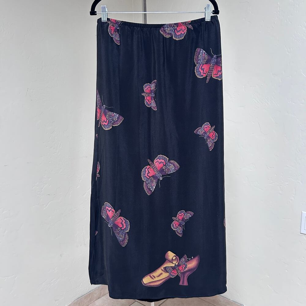 Vintage Y2K Butterfly Skirt 100% Silk Maxi Whimsigoth 90s Gothic Dark Fairy M